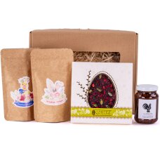 Wielkanocny zestaw prezentowy z dwiema herbatami, czekoladą i konfiturą w opakowaniu z okienkiem